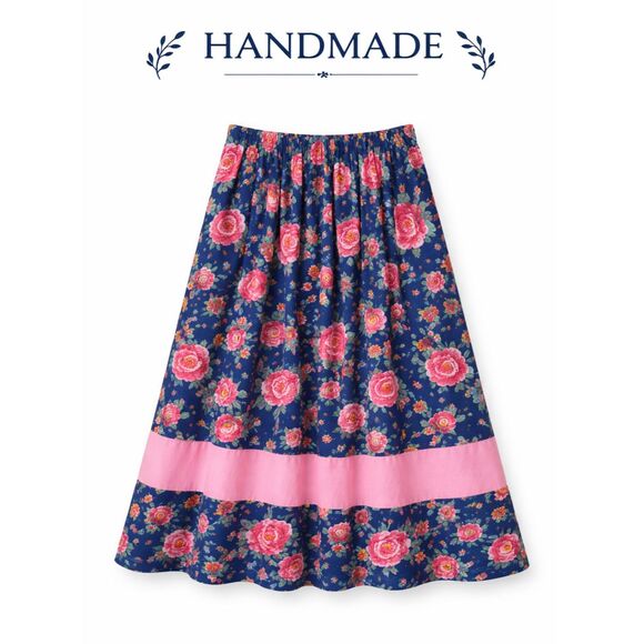 Handmade Dresses & Skirts - Handmade Vintage Blue Floral Maxi Skirt Pink Border Cottagecore Boho Romantic